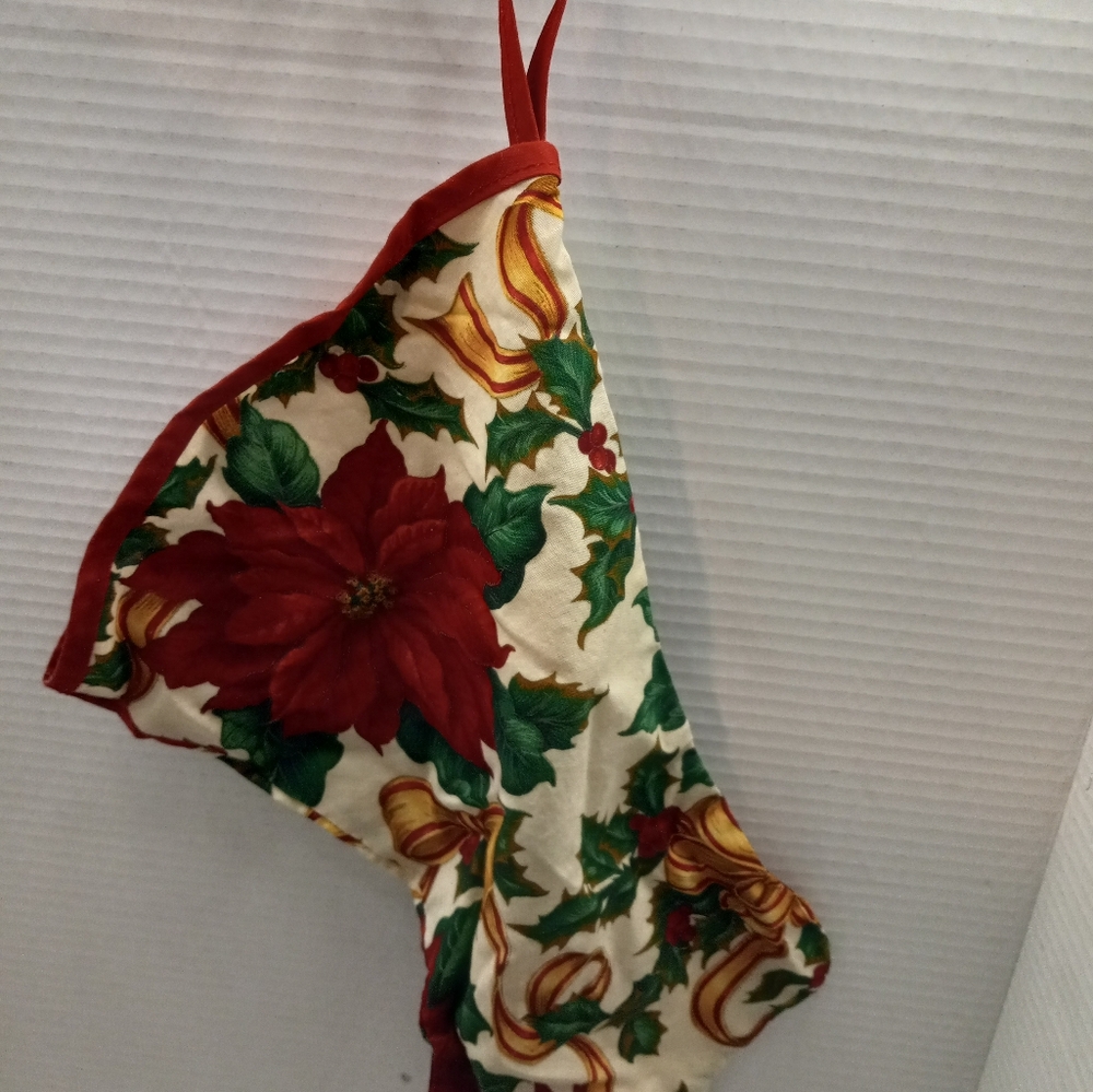 Handmade Fabric Pattern Poinsettias Christmas Holiday Festive Red Stocking Decor